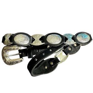 Vintage Tony Lama Western USA Black Leather Silver Conchos Belt Women's Size 28